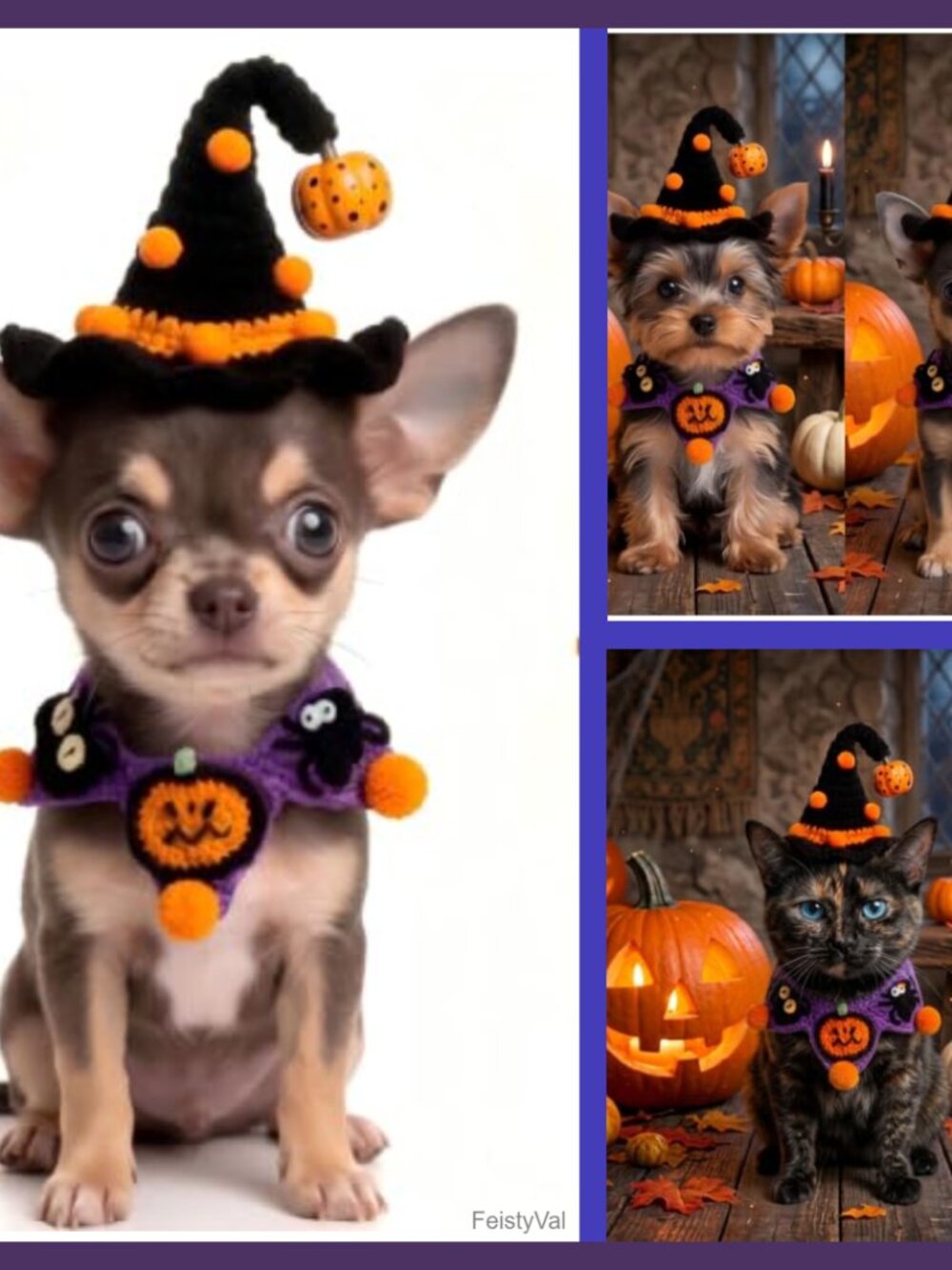 Halloween Dog Cat Costume Witch Hat & Pumpkin Bandana Pet Outfit Adjustable
